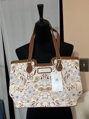 Cream Paisley Tote with light  blue and burgundy an white, Brown Trim